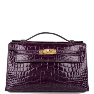 Hermès Mini Kelly Pochette Cassis Shiny Alligator Gold Hardware