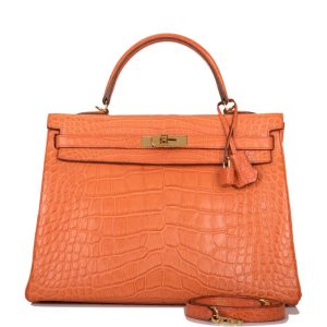 Hermès Kelly Retourne 35 Orange Poppy Matte Alligator Gold Hardware