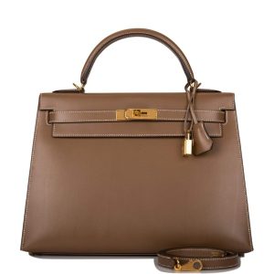 Hermès Kelly 32 Etoupe Tadelakt Sellier Gold Hardware