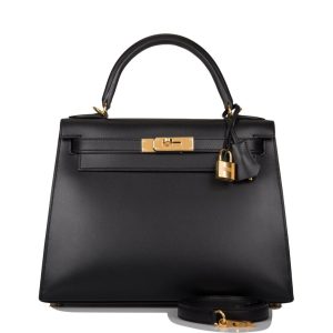 Hermès Kelly 28 Black Tadelakt Sellier Gold Hardware