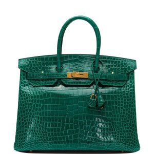 Hermès Birkin 35 Emerald Shiny Porosus Crocodile Gold Hardware