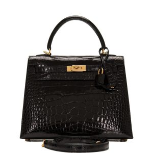Hermès Kelly 25 Black Shiny Alligator Sellier Gold Hardware