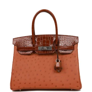 Hermès Birkin 30 Cognac and Miel Shiny Alligator and Ostrich Touch Palladium Hardware