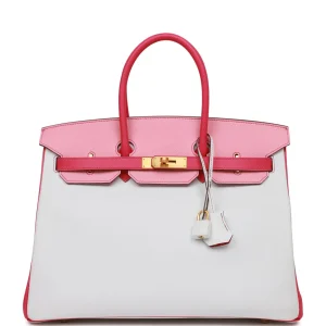 Hermès Birkin 35 HSS Rose Tyrien, Rose Lipstick and White Epsom Brushed Gold Hardware