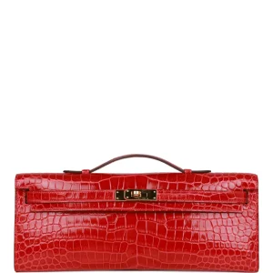 Hermès Kelly Cut Braise Shiny Porosus Crocodile Gold Hardware