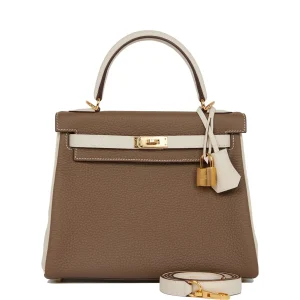 Hermes Kelly Retourne HSS 25 Etoupe and Craie Togo Gold Hardware