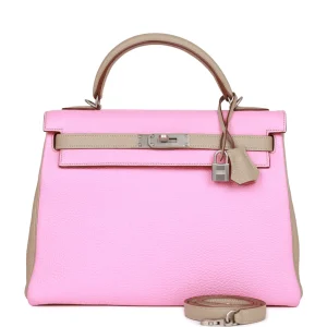 Hermes Kelly Retourne HSS 32 Bubblegum and Gris Tourterelle Clemence Brushed Palladium Hardware