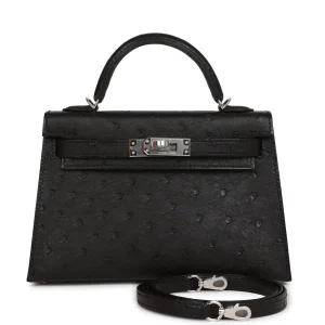 Hermès Kelly Sellier 20 Black Ostrich Palladium Hardware