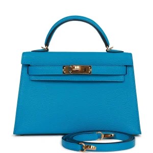 Hermès Kelly Sellier 20 Bleu Frida Chevre Gold Hardware