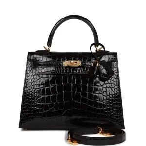 Hermès Kelly Sellier 25 Black Shiny Alligator Gold Hardware