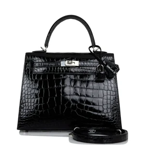 Hermès Kelly Sellier 25 Black Shiny Alligator Palladium Hardware
