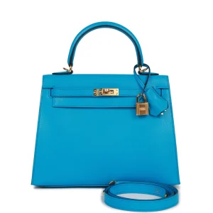 Hermès Kelly Sellier 25 Bleu Frida Chevre Gold Hardware