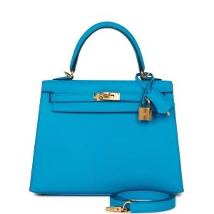Hermès Kelly Sellier 25 Bleu Frida Epsom Gold Hardware