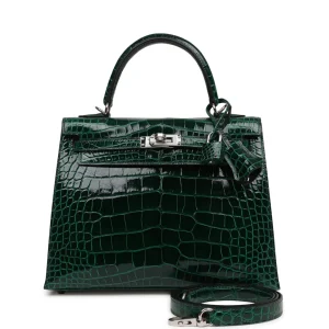 Hermès Kelly Sellier 25 Vert Fonce Shiny Alligator Palladium Hardware