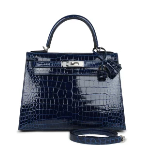 Hermès Kelly Sellier 28 Bleu Saphir Shiny Porosus Crocodile Palladium Hardware