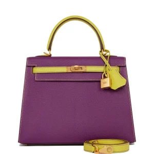 Hermes Kelly Sellier HSS 25 Anemone and Lime Chevre Brushed Gold Hardware