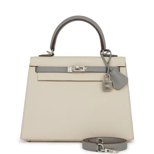 Hermes Kelly Sellier HSS 25 Craie and Gris Mouette Epsom Brushed Palladium Hardware