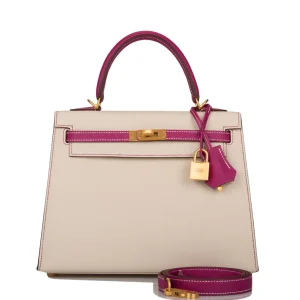Hermes Kelly Sellier HSS 25 Rose Pourpre and Craie Epsom Brushed Gold Hardware