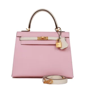 Hermes Kelly Sellier HSS 25 Rose Sakura and Nata Chevre Brushed Gold Hardware