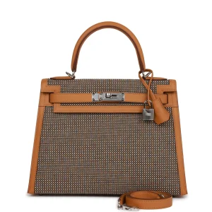 Hermès Quadrille Kelly Sellier 28 Sesame Toile and Swift Palladium Hardware