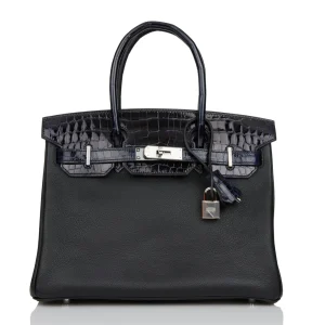 Hermès Birkin 30 Bleu Marine Shiny Niloticus Crocodile and Black Novillo Touch Palladium Hardware