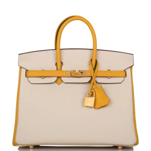 Hermès Birkin HSS 25 Craie and Jaune Ambre Togo Brushed Gold Hardware