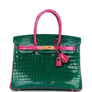 Hermès Birkin HSS 30 Emerald and Rose Scheherazade Shiny Niloticus Crocodile Brushed Gold Hardware