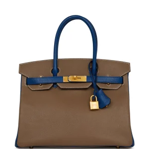 Hermès Birkin HSS 30 Etoupe and Bleu Saphire Chevre Brushed Gold Hardware