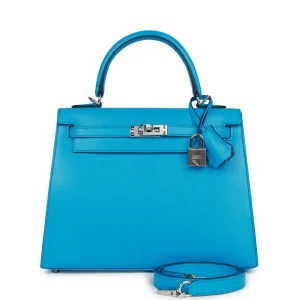 Hermès Kelly Sellier 25 Bleu Frida Chevre Palladium Hardware