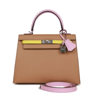 Hermès Kelly Sellier 25 Tri-Color Chai, Lime and Mauve Sylvestre Epsom Palladium Hardware