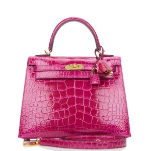 Hermès Kelly Sellier 25 Rose Pourpre Shiny Alligator Gold Hardware