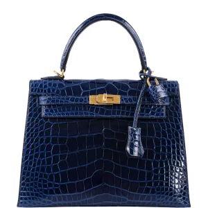 Hermès Kelly Sellier 25 Blue Sapphire  Alligator Shiny Gold Hardware
