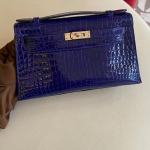 Hermès Kelly Pochette Blue Electric 7T Porosus Crocodile Shiny P