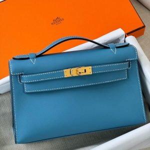 Hermès Kelly Pochette Blue Jean  75 Swift B