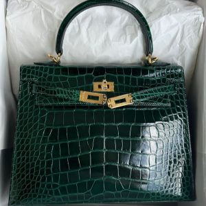Hermès Kelly Sellier 25 Vert Fonce 67 Alligator Shiny 2023 B