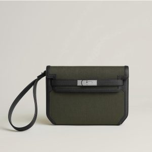 Hermès Kelly Depeche 25 Black 89, Vert Militaire Togo, Toile W