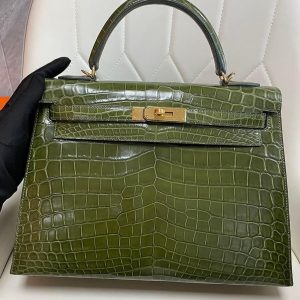 Hermès Kelly Sellier 32 Vert Olive 61 Niloticus Crocodile Shiny 2013 Q