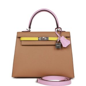 Hermès Kelly Tricolor & Sellier 25 Chai 0M, Lime 9R, Mauve Sylvestre X9 Epsom 2022 U