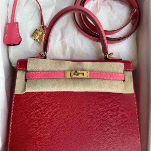 Hermès Kelly Sellier & HSS 25 Rose Azalee 8W, Rouge Casaque Q5 Epsom 2018 C
