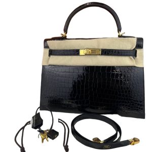 Hermès Kelly  32 Black 89 Porosus Crocodile Shiny 2023 D