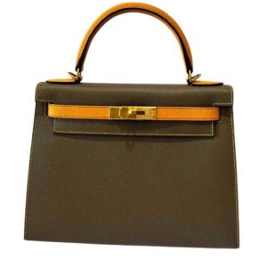 Hermès Kelly Sellier & Bicolor 28 Etoupe  18, Jaune Ambre 9D Epsom 2018 C