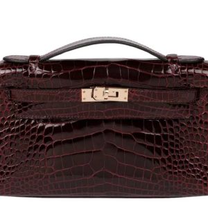 Hermès Kelly Pochette Bordeaux  57 Porosus Crocodile Shiny 2014 R