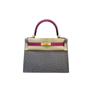 Hermès Kelly Sellier & Bicolor 28 Gris Etain 8F, Rose Poupre L3 Ostrich 2019 D