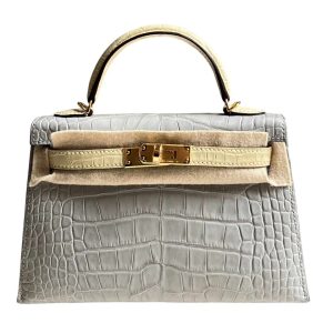 Hermès Kelly Sellier & Bicolor 20 Gris Pearl 80, Vanille Y1 Alligator Matt 2024 W