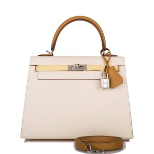 Hermès Kelly Sellier & Tricolor 25 Jaune Poussin 1Z, Nata I2, Sesame 2S Epsom 2020 Y