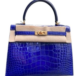 Hermès Kelly Sellier 25 Blue Electric 7T Niloticus Crocodile Shiny 2018 C