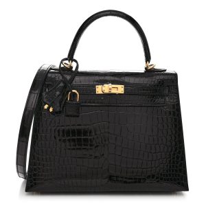 Hermès Kelly Sellier 25 Black 89 Porosus Crocodile Shiny 2022 U