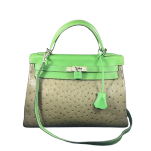 Hermès Kelly Tricolor & Touch 32 Bambou 1K, Gris Taupe 16, Vert Veronese 6H Ostrich, Clemence, Swift 2014 R