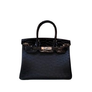 Hermès Birkin Touch 30 Black 89 Ostrich, Niloticus Crocodile Matt 2021 Z